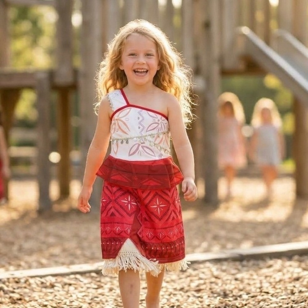 Kids Moana Inspired Costume Dress Red White One Shoulder Shells Size 130